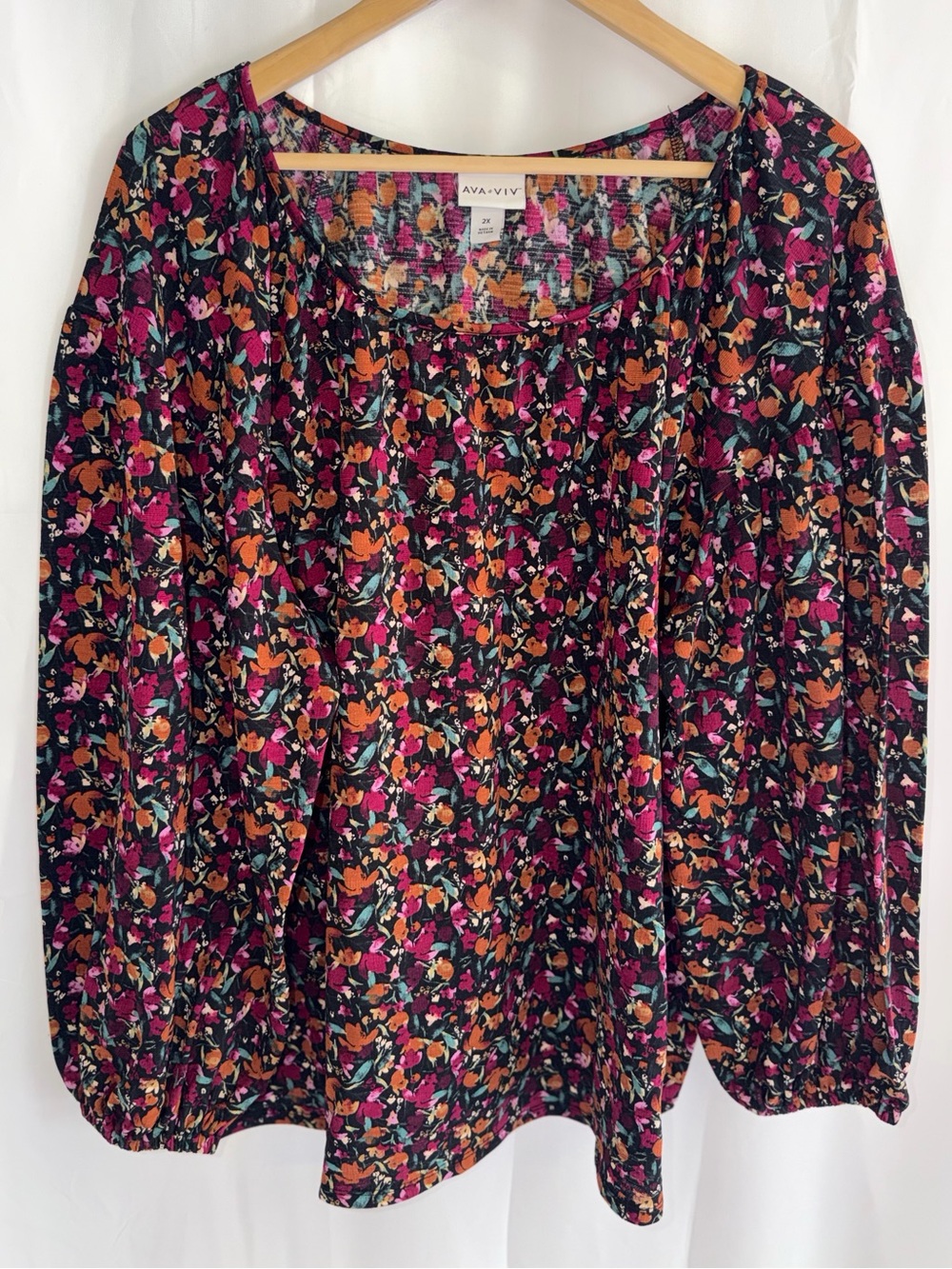 Ava & Viv Black Floral Balloon-Sleeve Blouse with Pink & Orange Accents